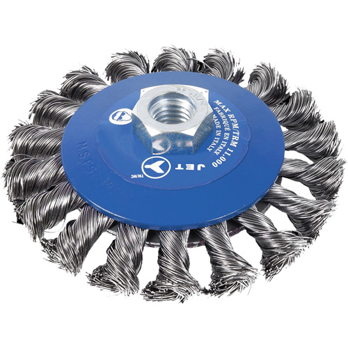Knot Twisted Conical Bevel Brush, 5" Dia., 0.02" Fill, 5/8"-11NC Arbor Groupe Belzile Dickner