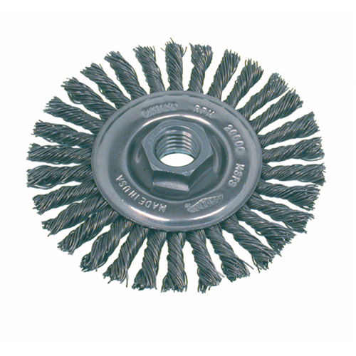 Brosse rotative &agrave; fils nou&eacute;s pour petites meuleuses haute vitesse, pour passe de fond, Dia. 4", Fils 0,02", Arbre 5/8"-11, Acier inoxydable Groupe Belzile Dickner