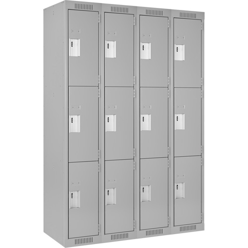 Clean Line Lockers, 3 -tier, Bank of 4, 48" x 18" x 72", Steel, Grey, Rivet (Assembled) Groupe Belzile Dickner