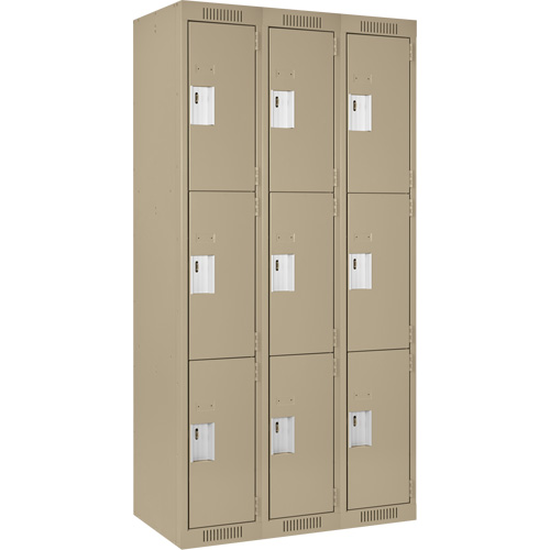 Clean Line Lockers, 3 -tier, Bank of 3, 36" x 18" x 72", Steel, Beige, Rivet (Assembled) Groupe Belzile Dickner