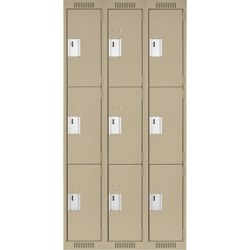 Clean Line Lockers, 3 -tier, Bank of 3, 36" x 18" x 72", Steel, Beige, Rivet (Assembled) Groupe Belzile Dickner
