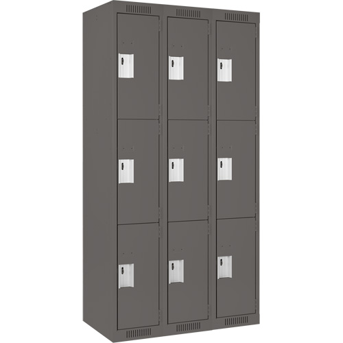 Clean Line Lockers, 3 -tier, Bank of 3, 36" x 18" x 72", Steel, Charcoal, Rivet (Assembled) Groupe Belzile Dickner