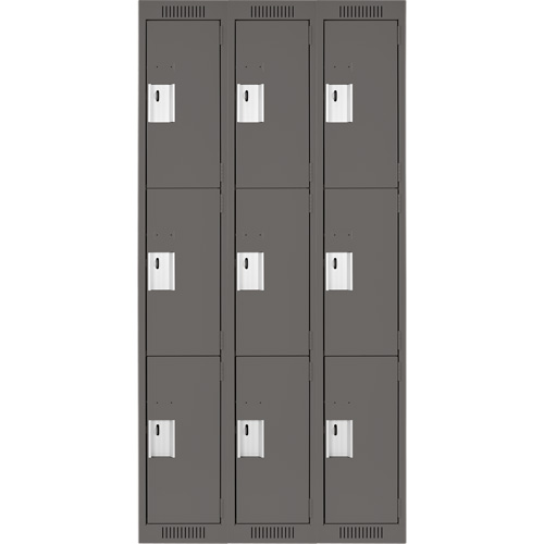 Clean Line Lockers, 3 -tier, Bank of 3, 36" x 18" x 72", Steel, Charcoal, Rivet (Assembled) Groupe Belzile Dickner