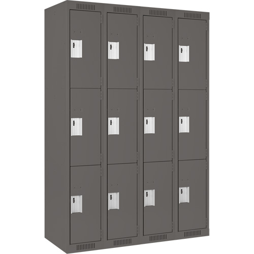 Clean Line Lockers, 3 -tier, Bank of 4, 48" x 18" x 72", Steel, Charcoal, Rivet (Assembled) Groupe Belzile Dickner