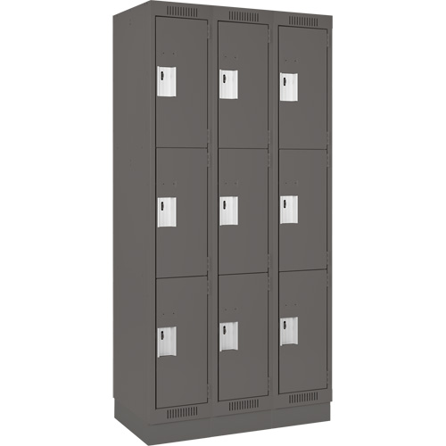 Clean Line Lockers, 3 -tier, Bank of 3, 36" x 18" x 76", Steel, Charcoal, Rivet (Assembled) Groupe Belzile Dickner