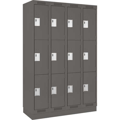 Clean Line Lockers, 3 -tier, Bank of 4, 48" x 18" x 76", Steel, Charcoal, Rivet (Assembled) Groupe Belzile Dickner