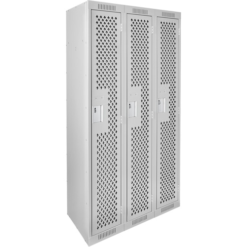 Clean Line Lockers, Bank of 3, 36" x 15" x 72", Steel, Grey, Rivet (Assembled), Perforated Groupe Belzile Dickner
