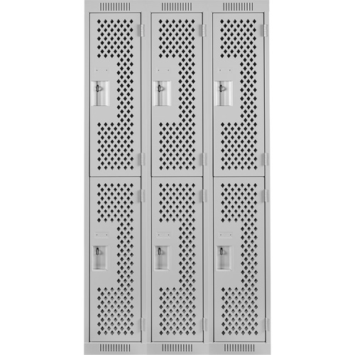 Clean Line Lockers, 2 -tier, Bank of 3, 36" x 12" x 72", Steel, Grey, Rivet (Assembled), Perforated Groupe Belzile Dickner