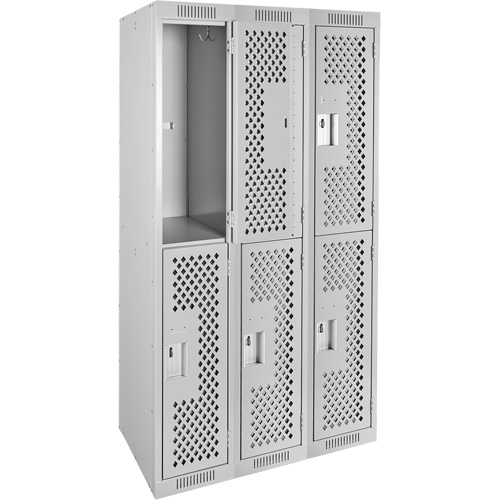 Clean Line Lockers, 2 -tier, Bank of 3, 36" x 12" x 72", Steel, Grey, Rivet (Assembled), Perforated Groupe Belzile Dickner