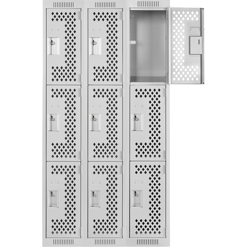 Clean Line Lockers, 3 -tier, Bank of 3, 36" x 12" x 72", Steel, Grey, Rivet (Assembled), Perforated Groupe Belzile Dickner