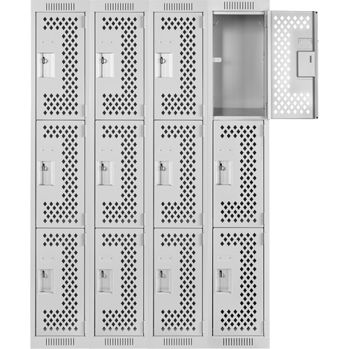 Clean Line Lockers, 3 -tier, Bank of 4, 48" x 12" x 72", Steel, Grey, Rivet (Assembled), Perforated Groupe Belzile Dickner