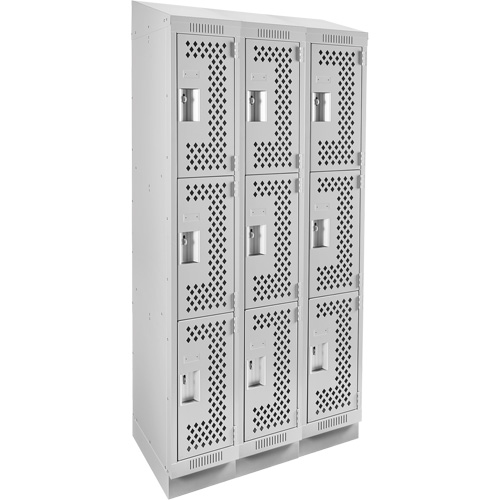 Clean Line Lockers, 3 -tier, Bank of 3, 36" x 15" x 82", Steel, Grey, Rivet (Assembled), Perforated Groupe Belzile Dickner
