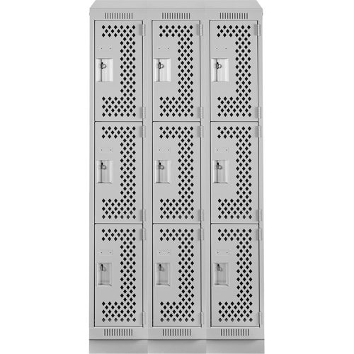 Clean Line Lockers, 3 -tier, Bank of 3, 36" x 15" x 82", Steel, Grey, Rivet (Assembled), Perforated Groupe Belzile Dickner