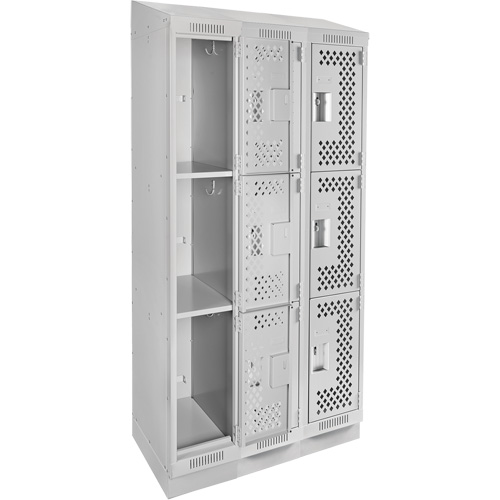 Clean Line Lockers, 3 -tier, Bank of 3, 36" x 15" x 82", Steel, Grey, Rivet (Assembled), Perforated Groupe Belzile Dickner