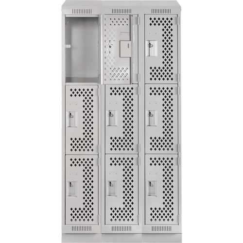 Clean Line Lockers, 3 -tier, Bank of 3, 36" x 15" x 82", Steel, Grey, Rivet (Assembled), Perforated Groupe Belzile Dickner
