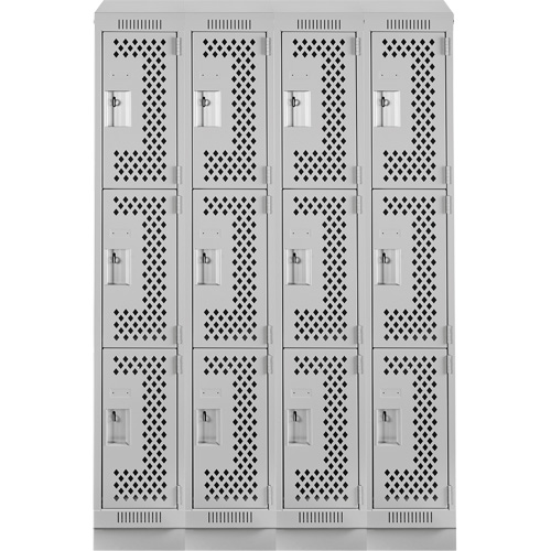 Clean Line Lockers, 3 -tier, Bank of 4, 48" x 15" x 82", Steel, Grey, Rivet (Assembled), Perforated Groupe Belzile Dickner