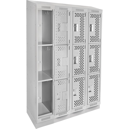 Clean Line Lockers, 3 -tier, Bank of 4, 48" x 15" x 82", Steel, Grey, Rivet (Assembled), Perforated Groupe Belzile Dickner