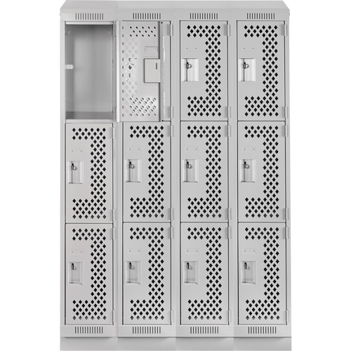 Clean Line Lockers, 3 -tier, Bank of 4, 48" x 15" x 82", Steel, Grey, Rivet (Assembled), Perforated Groupe Belzile Dickner