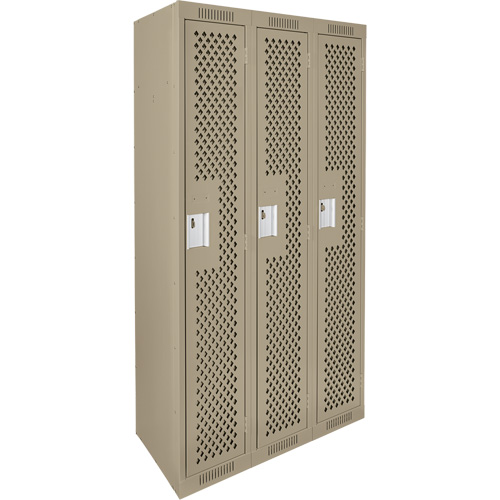 Clean Line Lockers, Bank of 3, 36" x 12" x 72", Steel, Beige, Rivet (Assembled), Perforated Groupe Belzile Dickner