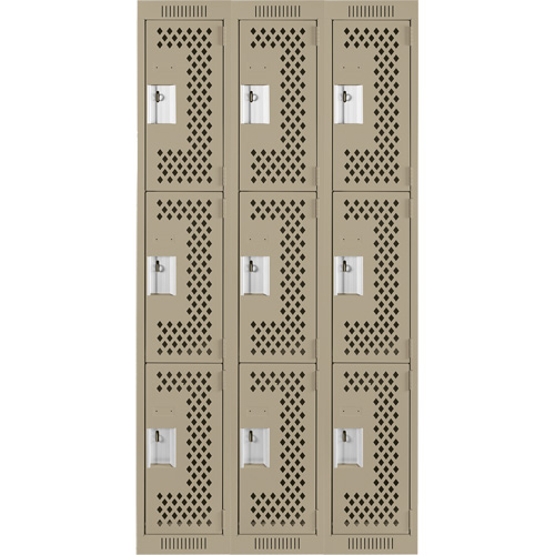 Clean Line Lockers, 3 -tier, Bank of 3, 36" x 12" x 72", Steel, Beige, Rivet (Assembled), Perforated Groupe Belzile Dickner
