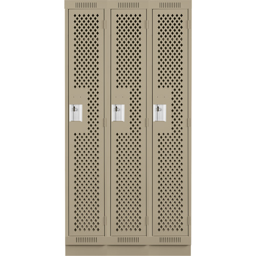 Clean Line Lockers, Bank of 3, 36" x 15" x 76", Steel, Beige, Rivet (Assembled), Perforated Groupe Belzile Dickner