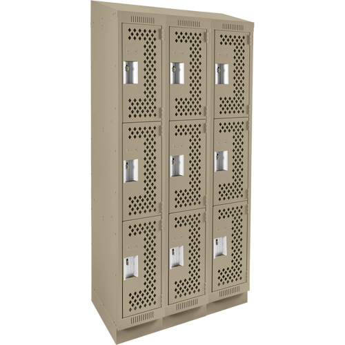 Clean Line Lockers, 3 -tier, Bank of 3, 36" x 15" x 82", Steel, Beige, Rivet (Assembled), Perforated Groupe Belzile Dickner