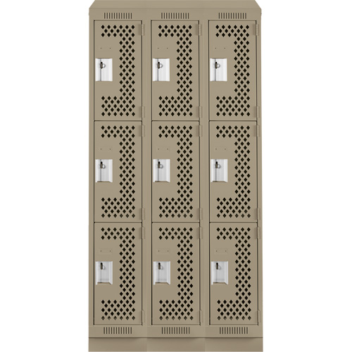 Clean Line Lockers, 3 -tier, Bank of 3, 36" x 15" x 82", Steel, Beige, Rivet (Assembled), Perforated Groupe Belzile Dickner
