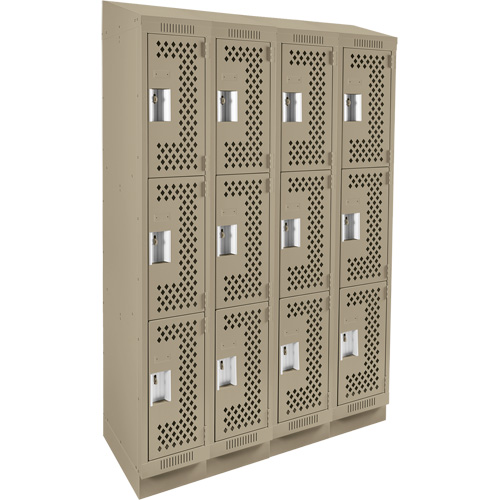 Clean Line Lockers, 3 -tier, Bank of 4, 48" x 15" x 82", Steel, Beige, Rivet (Assembled), Perforated Groupe Belzile Dickner