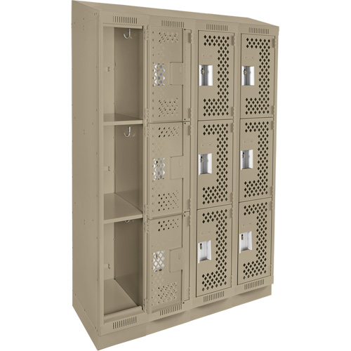 Clean Line Lockers, 3 -tier, Bank of 4, 48" x 15" x 82", Steel, Beige, Rivet (Assembled), Perforated Groupe Belzile Dickner