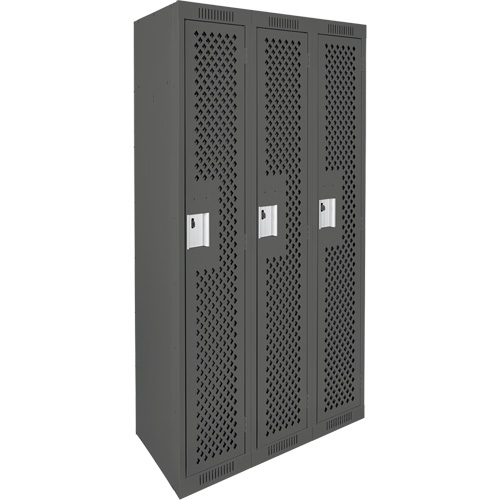 Clean Line Lockers, Bank of 3, 36" x 12" x 72", Steel, Charcoal, Rivet (Assembled), Perforated Groupe Belzile Dickner
