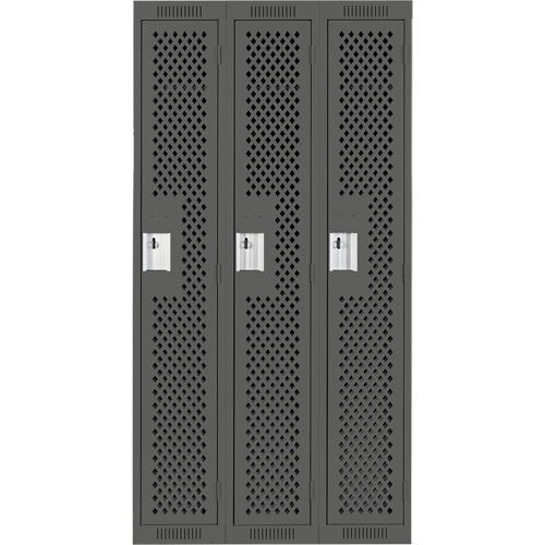 Clean Line Lockers, Bank of 3, 36" x 12" x 72", Steel, Charcoal, Rivet (Assembled), Perforated Groupe Belzile Dickner