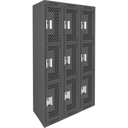 Clean Line Lockers, 3 -tier, Bank of 3, 36" x 12" x 72", Steel, Charcoal, Rivet (Assembled), Perforated Groupe Belzile Dickner