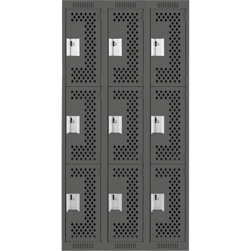 Clean Line Lockers, 3 -tier, Bank of 3, 36" x 12" x 72", Steel, Charcoal, Rivet (Assembled), Perforated Groupe Belzile Dickner