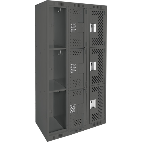Clean Line Lockers, 3 -tier, Bank of 3, 36" x 12" x 72", Steel, Charcoal, Rivet (Assembled), Perforated Groupe Belzile Dickner
