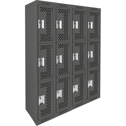 Clean Line Lockers, 3 -tier, Bank of 4, 48" x 12" x 72", Steel, Charcoal, Rivet (Assembled), Perforated Groupe Belzile Dickner