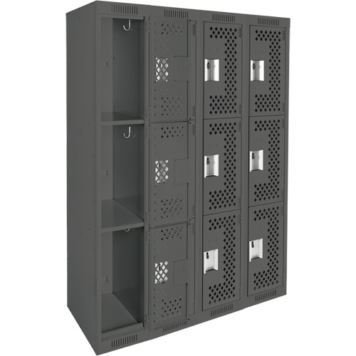 Clean Line Lockers, 3 -tier, Bank of 4, 48" x 12" x 72", Steel, Charcoal, Rivet (Assembled), Perforated Groupe Belzile Dickner