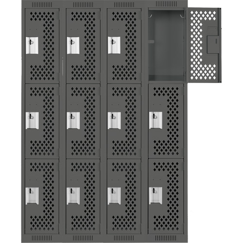 Clean Line Lockers, 3 -tier, Bank of 4, 48" x 12" x 72", Steel, Charcoal, Rivet (Assembled), Perforated Groupe Belzile Dickner