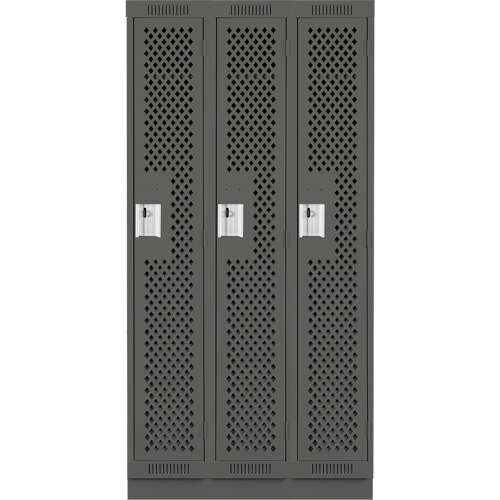 Clean Line Lockers, Bank of 3, 36" x 15" x 76", Steel, Charcoal, Rivet (Assembled), Perforated Groupe Belzile Dickner