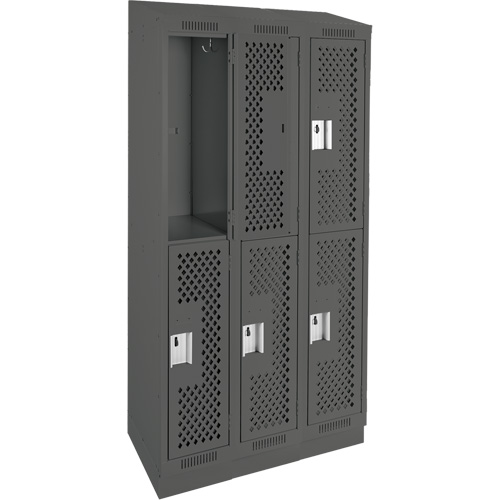 Clean Line Lockers, 2 -tier, Bank of 3, 36" x 15" x 82", Steel, Charcoal, Rivet (Assembled), Perforated Groupe Belzile Dickner