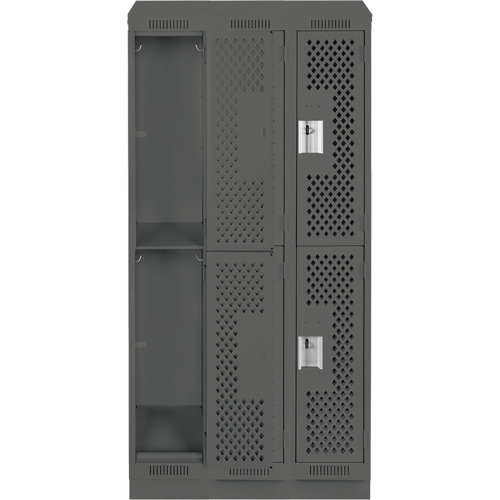 Clean Line Lockers, 2 -tier, Bank of 3, 36" x 15" x 82", Steel, Charcoal, Rivet (Assembled), Perforated Groupe Belzile Dickner
