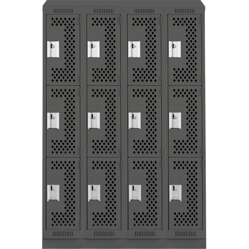 Clean Line Lockers, 3 -tier, Bank of 4, 48" x 15" x 82", Steel, Charcoal, Rivet (Assembled), Perforated Groupe Belzile Dickner