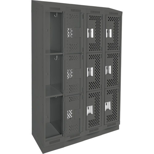 Clean Line Lockers, 3 -tier, Bank of 4, 48" x 15" x 82", Steel, Charcoal, Rivet (Assembled), Perforated Groupe Belzile Dickner
