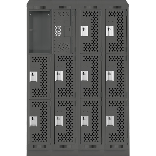 Clean Line Lockers, 3 -tier, Bank of 4, 48" x 15" x 82", Steel, Charcoal, Rivet (Assembled), Perforated Groupe Belzile Dickner