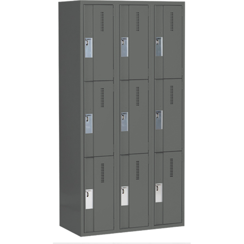 Concorde Heavy-Duty Lockers, 3 -tier, Bank of 3, 36" x 18" x 72", Steel, Charcoal, Welded (Assembled) Groupe Belzile Dickner