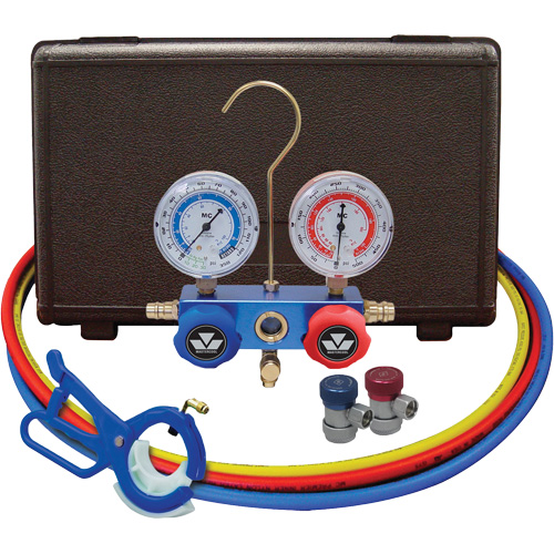 Automotive Manifold Gauge Set with Manual Couplers & 3-in-1 Side Mount Can Tap Valve Groupe Belzile Dickner