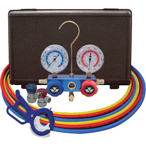 Jeu de manom&egrave;tres collecteurs pour automobile avec coupleurs manuels et robinet perce-canette lat&eacute;rale 3 en 1 Groupe Belzile Dickner