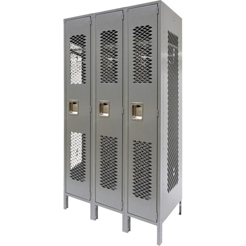 Vented Lockers, Bank of 3, 36" x 18" x 78", Steel, Grey, Knocked Down, Perforated Groupe Belzile Dickner
