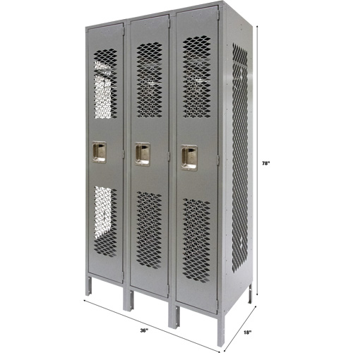 Vented Lockers, Bank of 3, 36" x 18" x 78", Steel, Grey, Knocked Down, Perforated Groupe Belzile Dickner