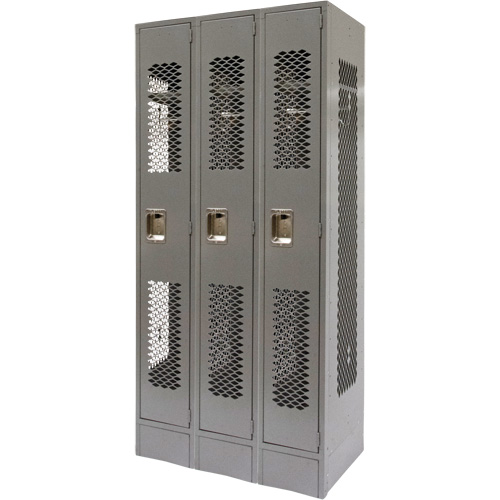Vented Lockers, Bank of 3, 36" x 18" x 78", Steel, Grey, Knocked Down, Perforated Groupe Belzile Dickner