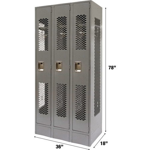 Vented Lockers, Bank of 3, 36" x 18" x 78", Steel, Grey, Knocked Down, Perforated Groupe Belzile Dickner